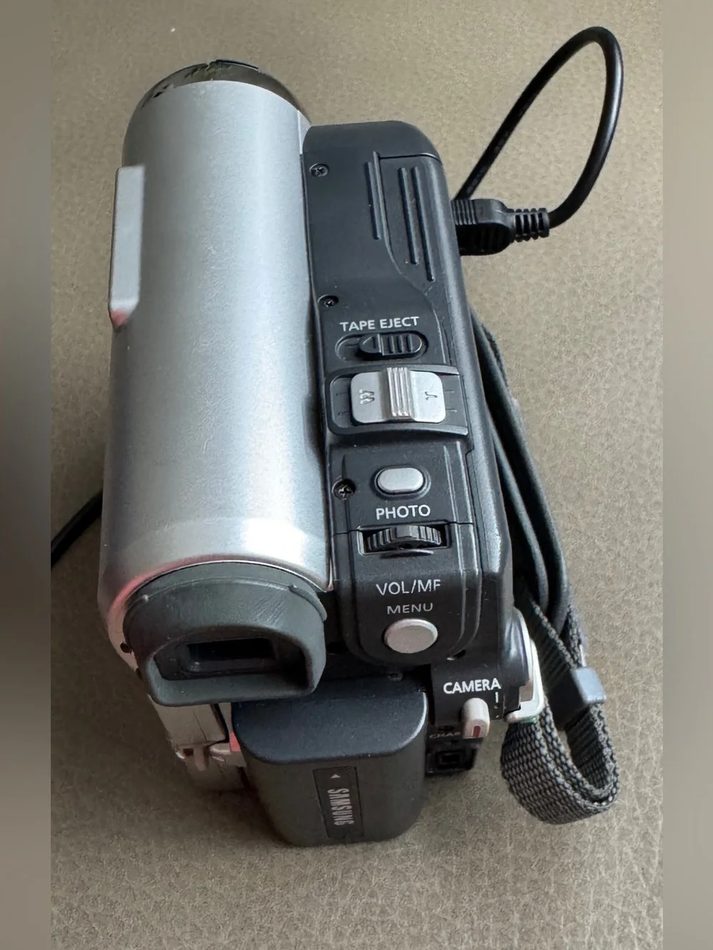 Samsung Silver Digital Camcorder with Gray and Blue Carry Case